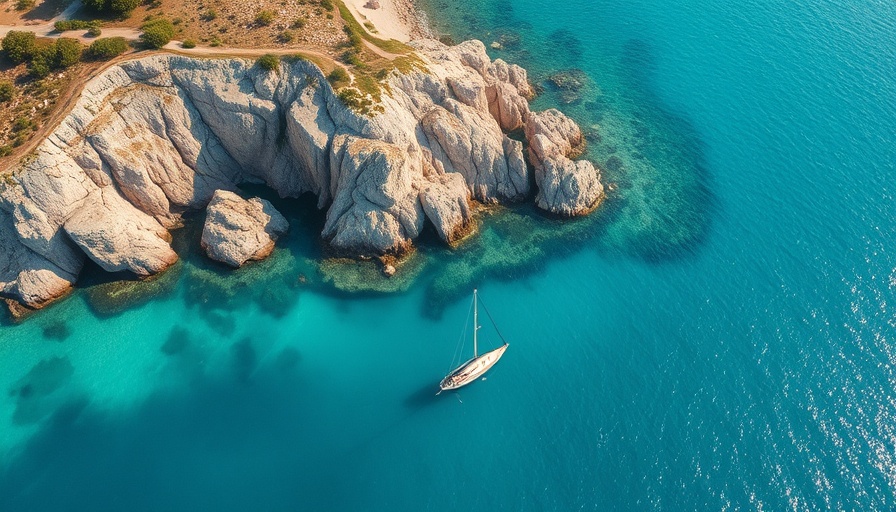 A sailboat in crystal-clear waters near rocky cliffs, Sailing in Greece.