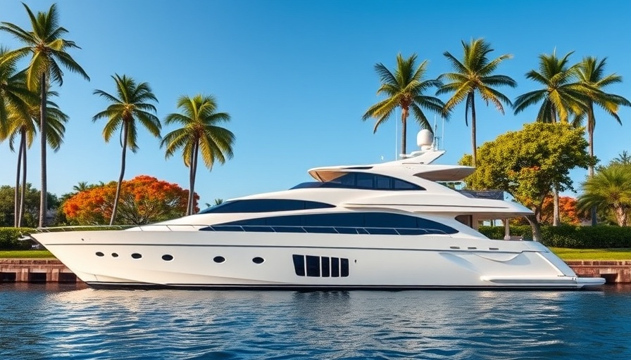 Luxurious Hargrave 96 yacht for sale docked by a green park.