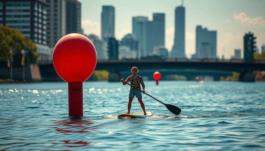 Athlete competing in Seoul SUP Open, paddling near buoy
