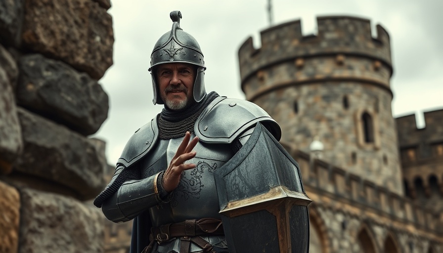 Medieval knight humorously gesturing behind a stone wall.