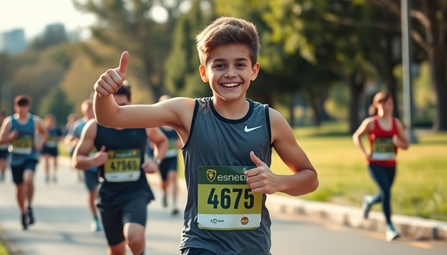 Young runner enthusiastically giving thumbs up during a race.