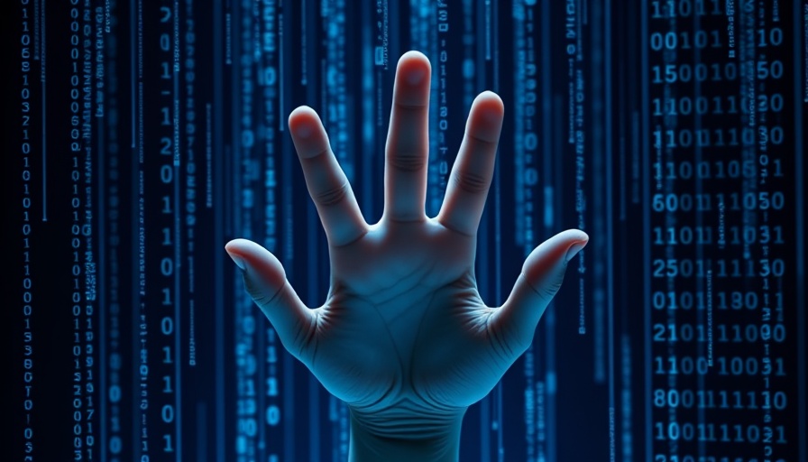Digital hand in binary code stream symbolizing $30,000,000 scam.