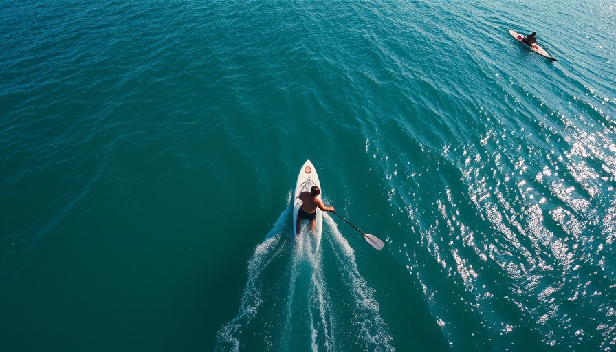 Aerial view of paddleboarders in ocean race for 45th Annual DA HUI O He’e Nalu Paddle Race.