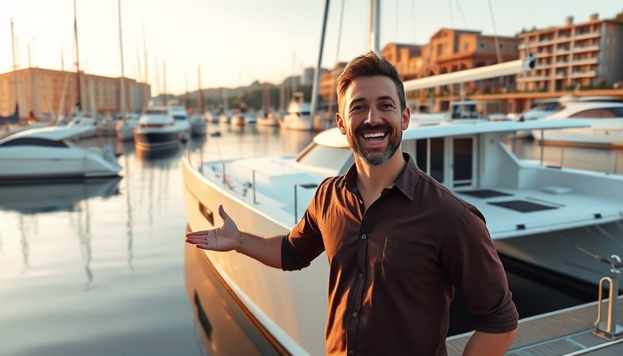 TransCat Expedition 2025: Man with catamaran at marina.