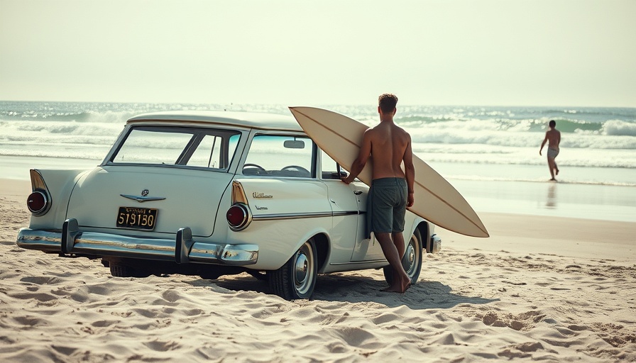 Vintage beach scene with surfer and car