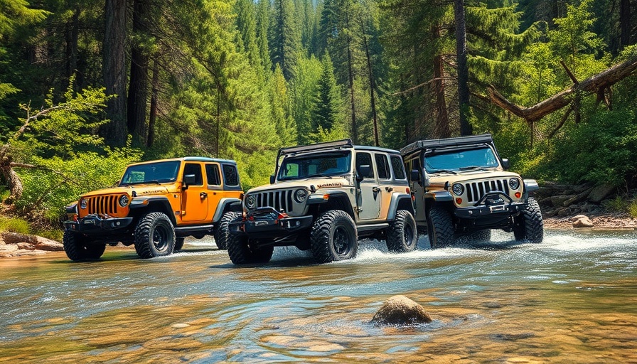 Off-road vehicles crossing a creek during Sierra Trek 2025 Overland Trips.