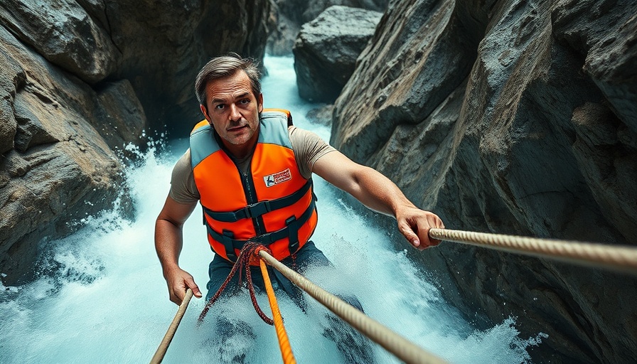 Man climbing rocky gorge in whitewater rafting scene.