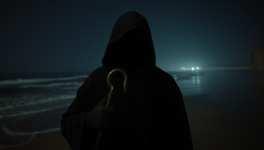 Horror Movie Icon on California Beach at Night, eerie atmosphere.