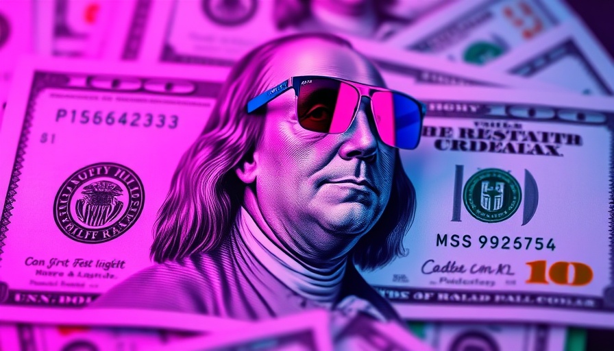 Stylized Benjamin Franklin on dollar bills in neon, banking cybersecurity incidents theme.