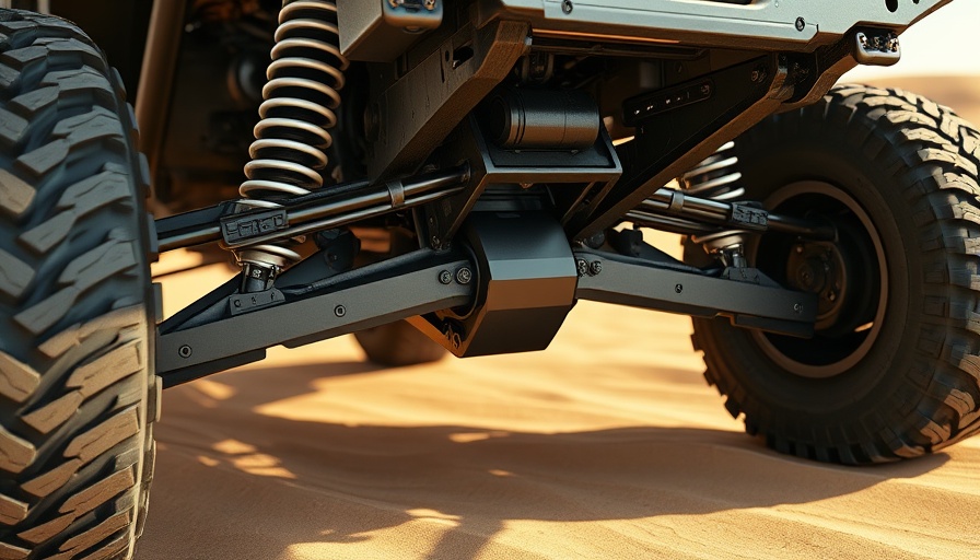 Photorealistic trophy truck suspension mechanics in a desert setting.
