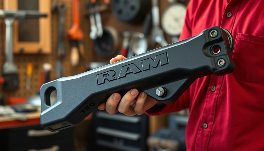Plastic Ram 1500 upper control arm in workshop setting.