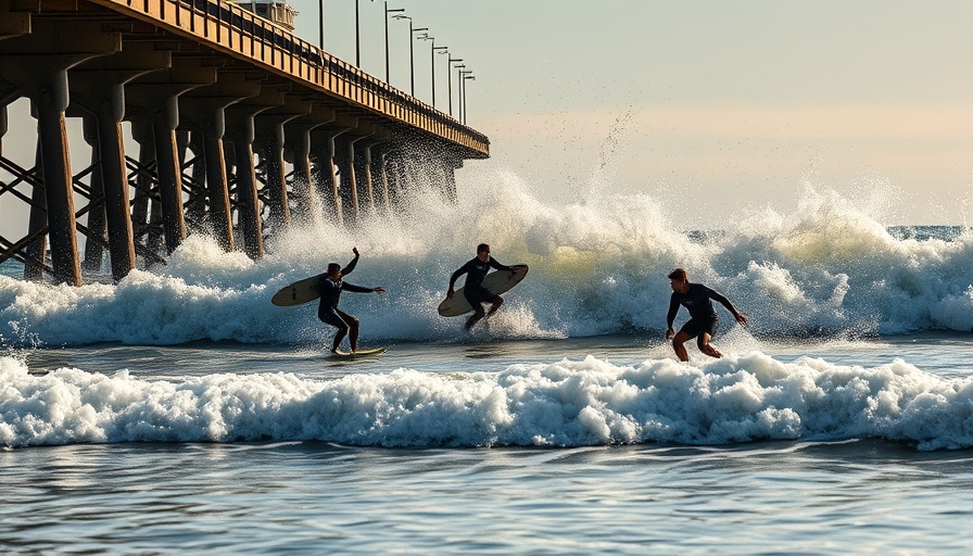 Huntington Beach surf jousting collision near pier.