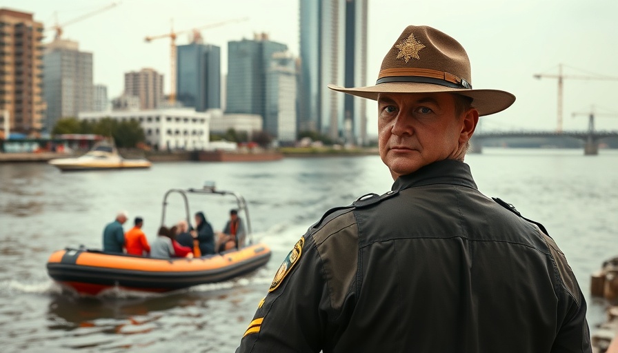 Sheriff overseeing rescue boat operation on river, aiding flood victims.