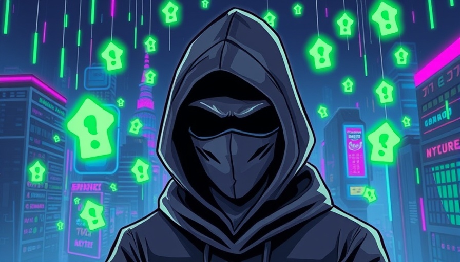 Hooded figure amidst digital symbols, illustrating cyber fraud