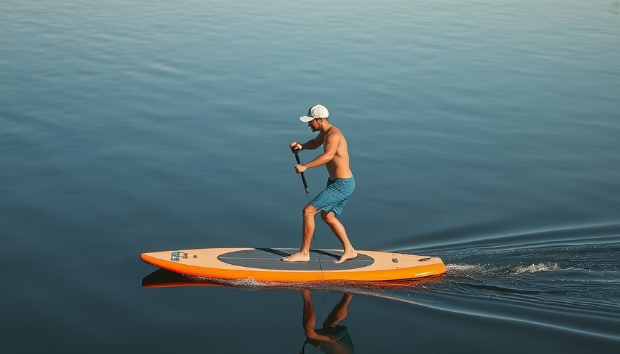 Man foil pumping on calm water in the morning, serene scene