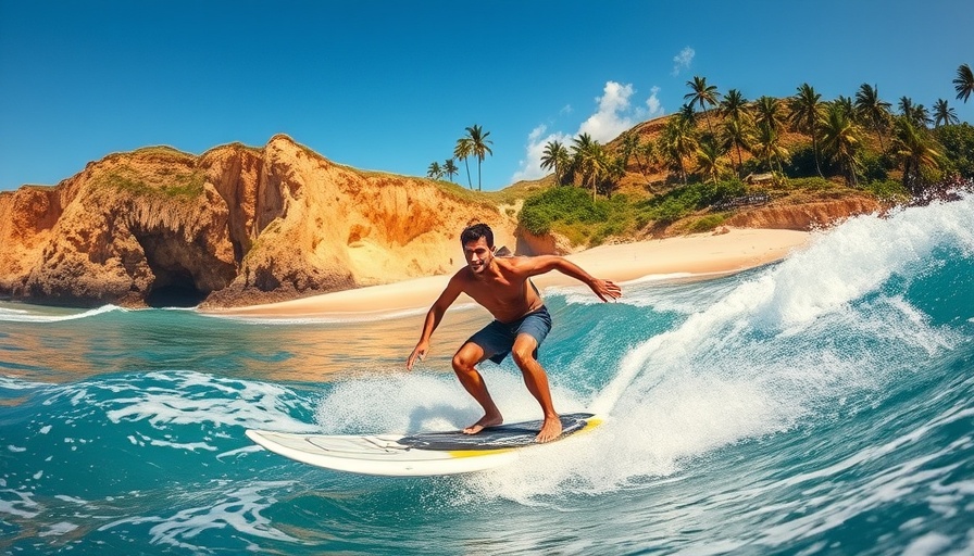 Surfer on hydrofoil board along Brazilian coast, vibrant scenery, Brazilian roadtrip
