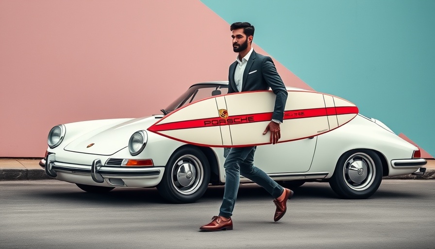 Man carrying Porsche surfboard near vintage Porsche car.