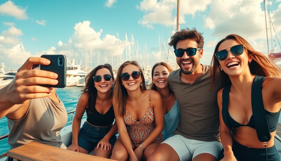 Friends enjoy affordable boat rentals and capture fun moments by the marina.