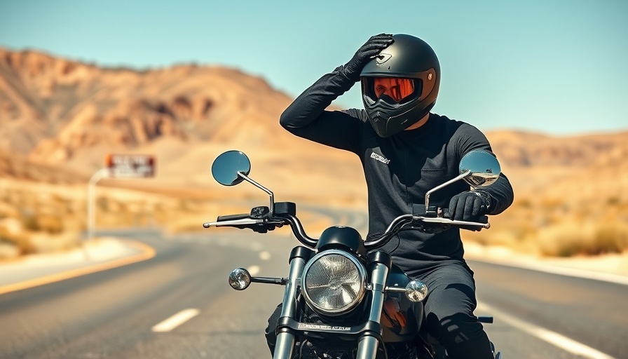 Motorcycle safety in hot weather: Rider in desert landscape.