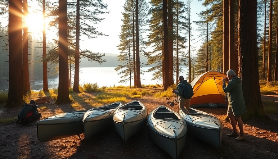 Packing gear for kayak camping in forested area.