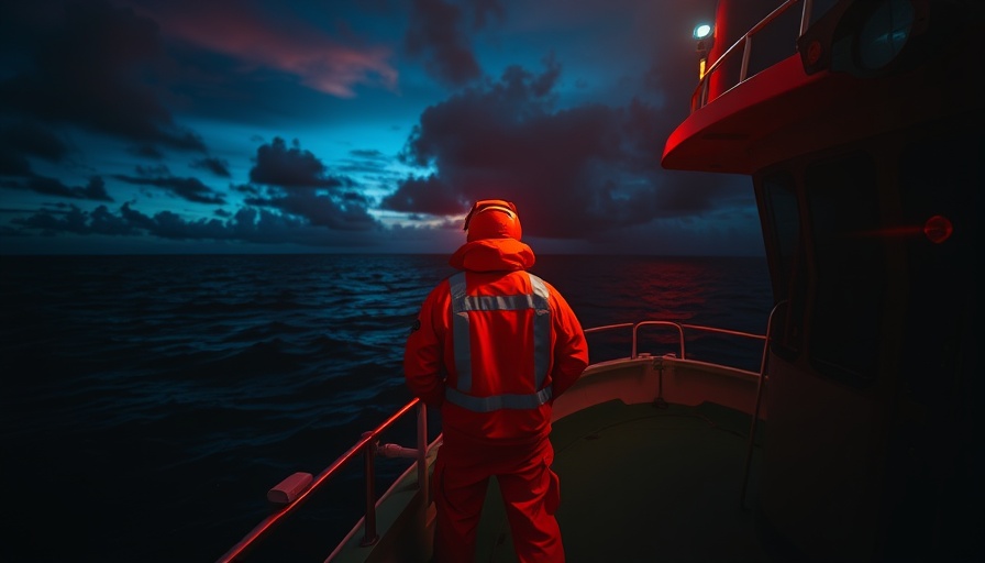 Vibrant nighttime rescue scene, ocean, red flare, boat capsizing in Mentawai Islands.