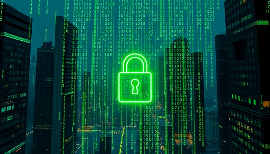 Cityscape with digital lock and code symbolizing cybersecurity risk.