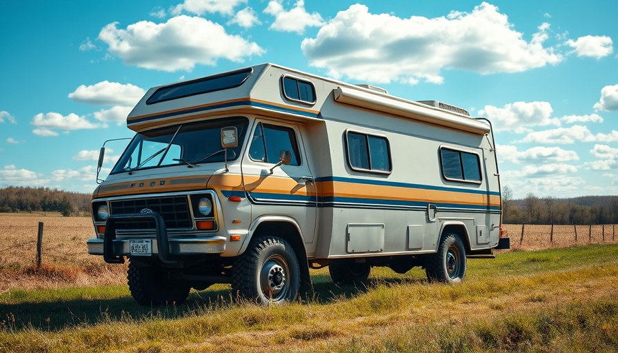 1974 Ford C-750 custom 4x4 motorhome in rural setting.