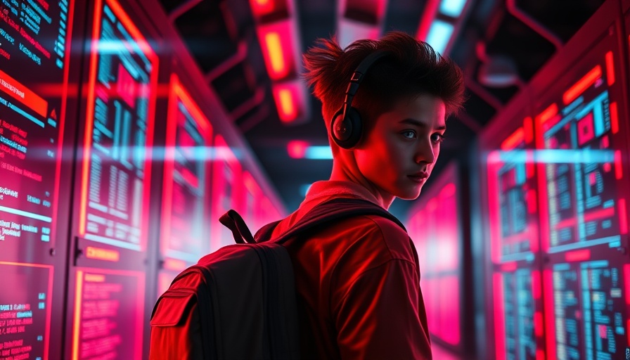Futuristic data center with digital displays in red neon light, CMS data breach cybersecurity theme.