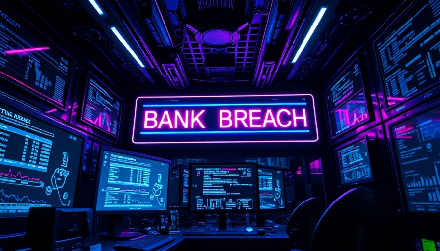 Futuristic cyber room depicting a bank breach in neon lights, highlighting ATM malware attacks, with high-tech monitors and vibrant colors.