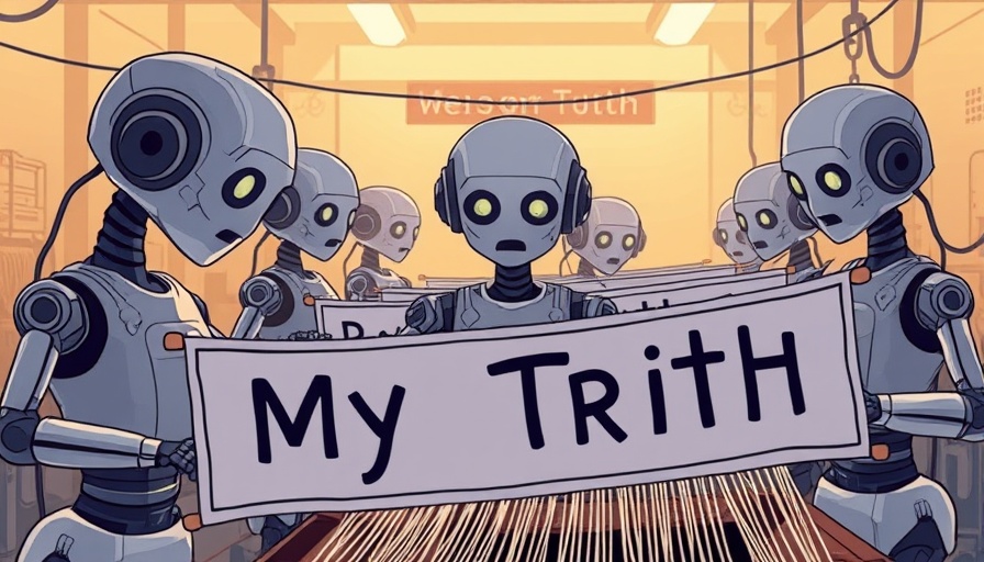 Robots producing 'My Truth' banners, illustrating personalization trap in AI