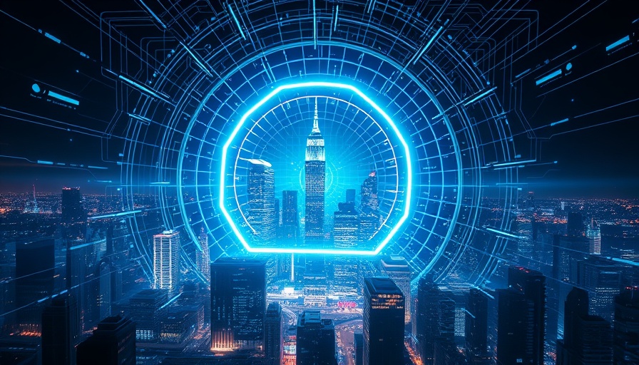 Futuristic cyber portal representing data breach risks in a digital cityscape.
