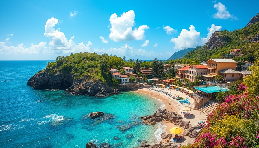 Bingin Beach village overlooking the turquoise sea on a sunny day.