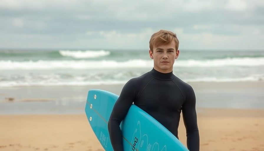 Young surfer with blue surfboard on a cloudy beach.