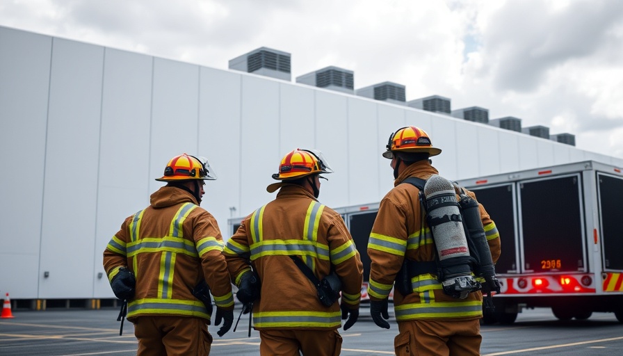 Firefighters assess data center fire risk with emergency vehicle.
