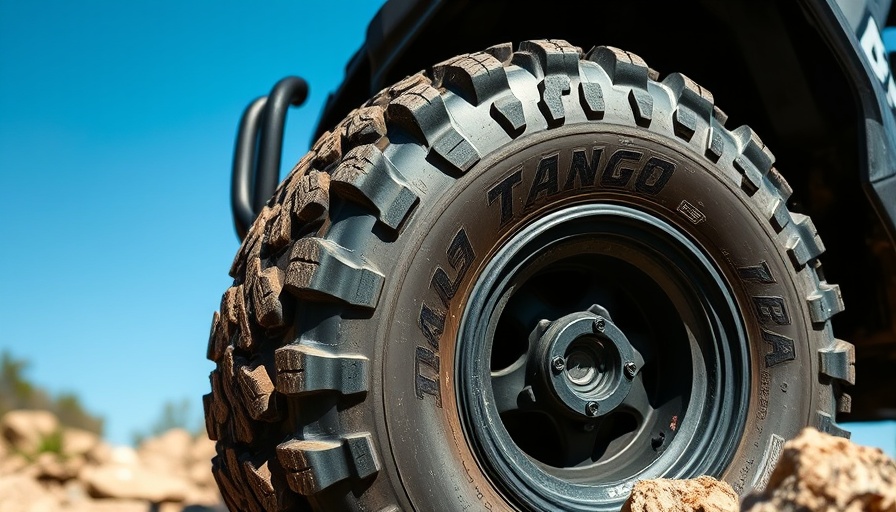 Tango UTV tire navigating rocky terrain under blue sky