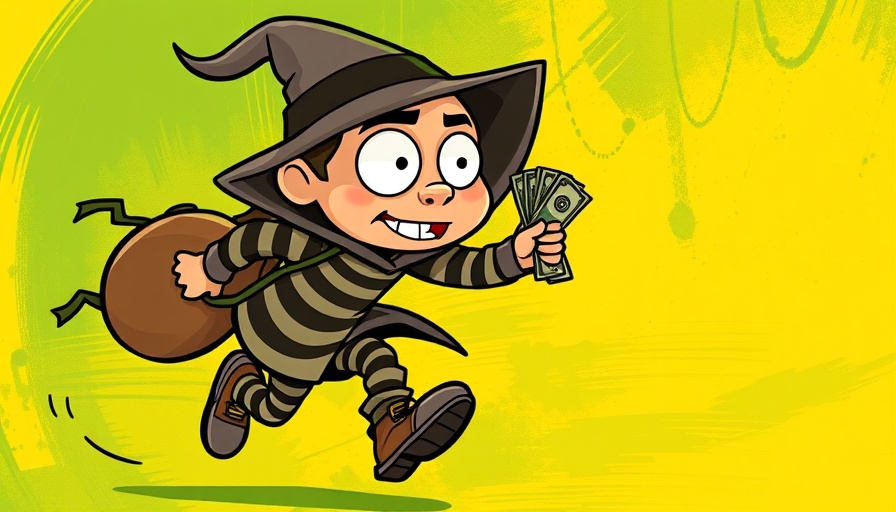 Cartoon of villain running with money in Bank of America fraud case.