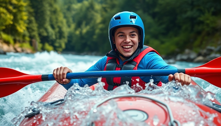 Young paddler in a blue helmet riding rapids for Paddling Kids Story Contest.