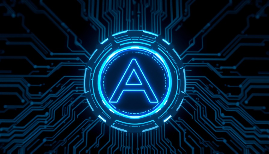 Futuristic AI circuitry symbol, glowing in dark digital background