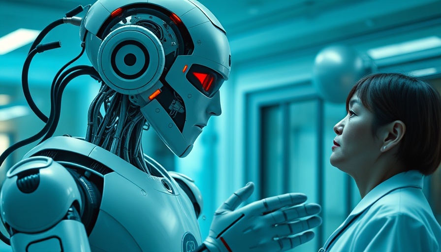 AI transcription tools for healthcare illustrated with robot-doctor interaction.