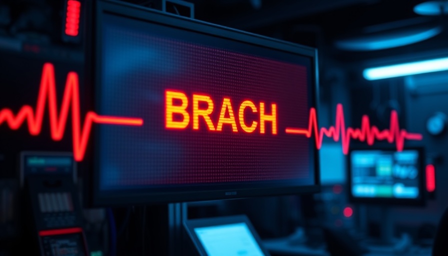 Breach alert on digital screen, ransomware attack warning.