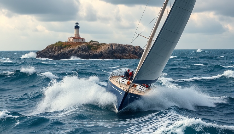 Rolex Fastnet Race 2023 sailboat near iconic lighthouse.