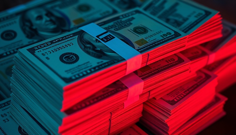 Stacks of dollar bills with neon lights, bank insider fraud scheme.
