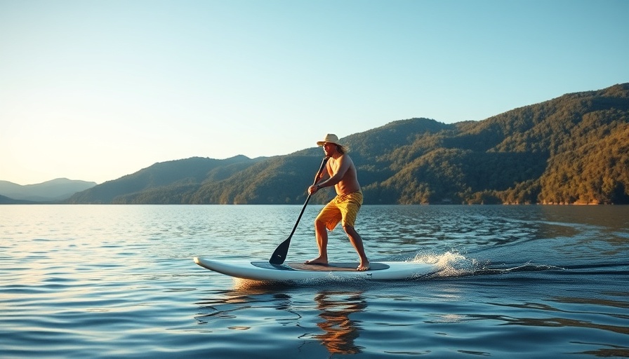 Paddleboarding Balance Challenge on calm lake with hills.