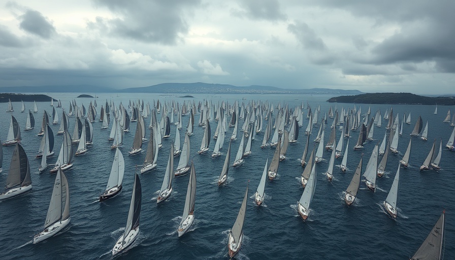 Expansive view of record-breaking fleet at Rolex Fastnet Race on open sea.