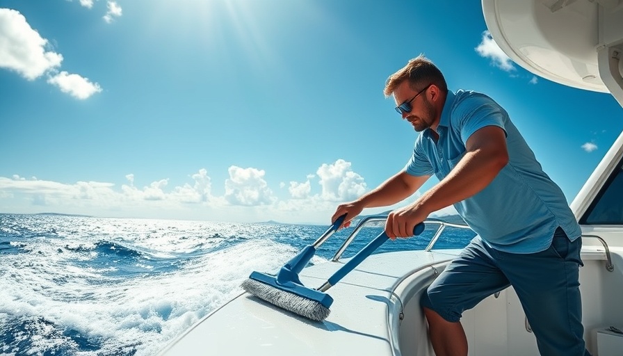 Person cleaning yacht deck under blue sky, discussing when to clean a boat.