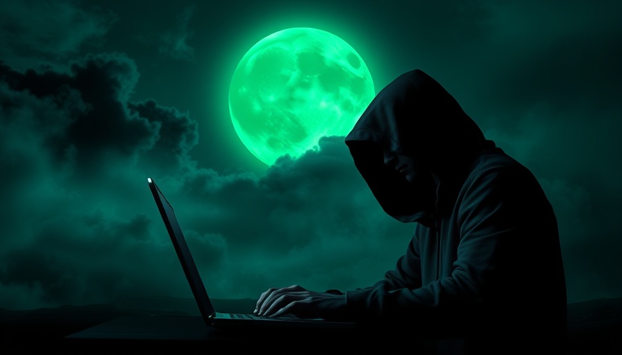Mysterious hooded figure with laptop against a glowing green moon, alluding to fraudulent investment scams.