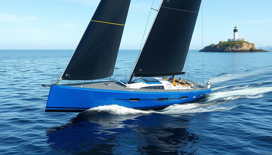 Sleek yacht at 2025 Rolex Fastnet Race near lighthouse.