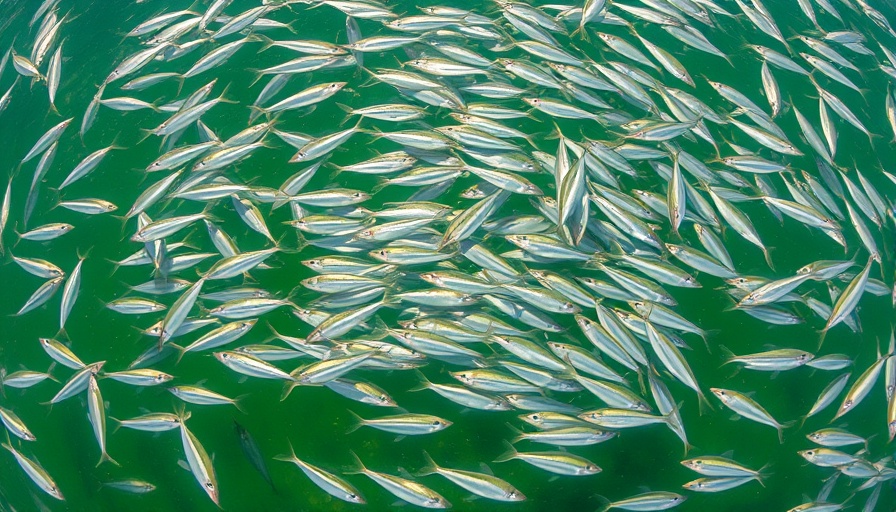 Aerial view of mullet run with fish swimming in clear green water.