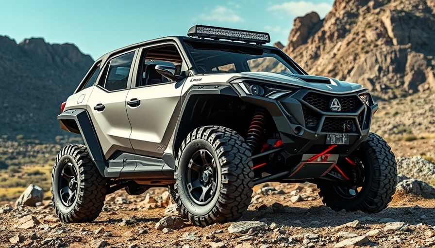 Modern all-terrain vehicle on rugged terrain with scenic backdrop.