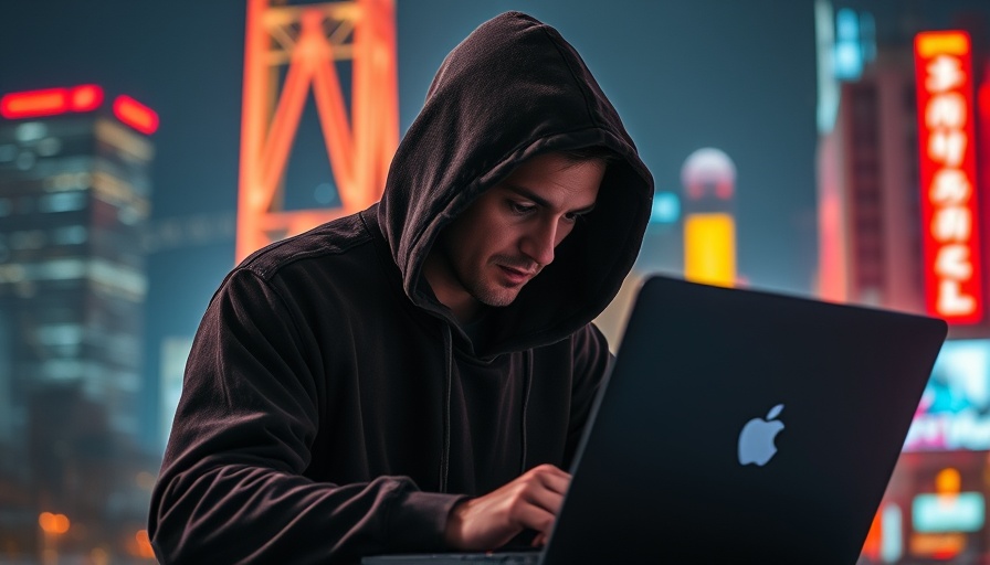 Bank fraud scheme identity theft scene with hooded figure on laptop in neon-lit city.